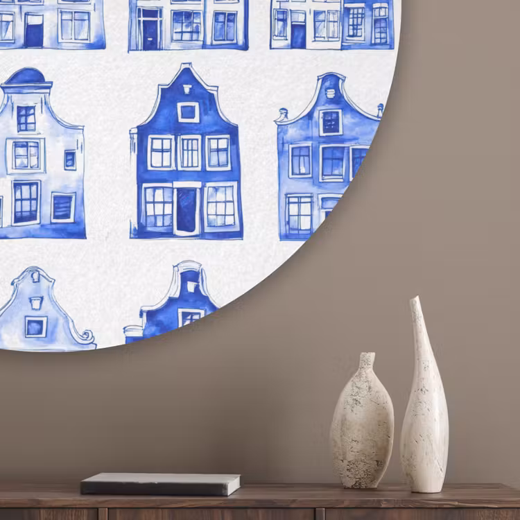 Patroon - Huizen - Blauw Akoestische PET Vilt - Rond klein 838 -sfeer5_closeup