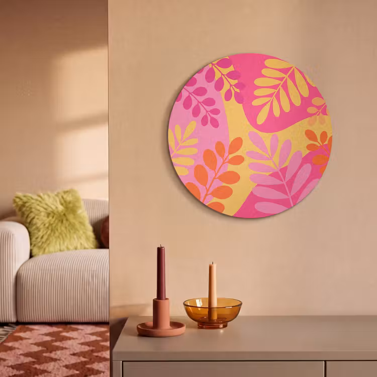 Natuur - Bladeren - Abstract - Roze - Geel Akoestische PET Vilt - Rond klein -sfeer1