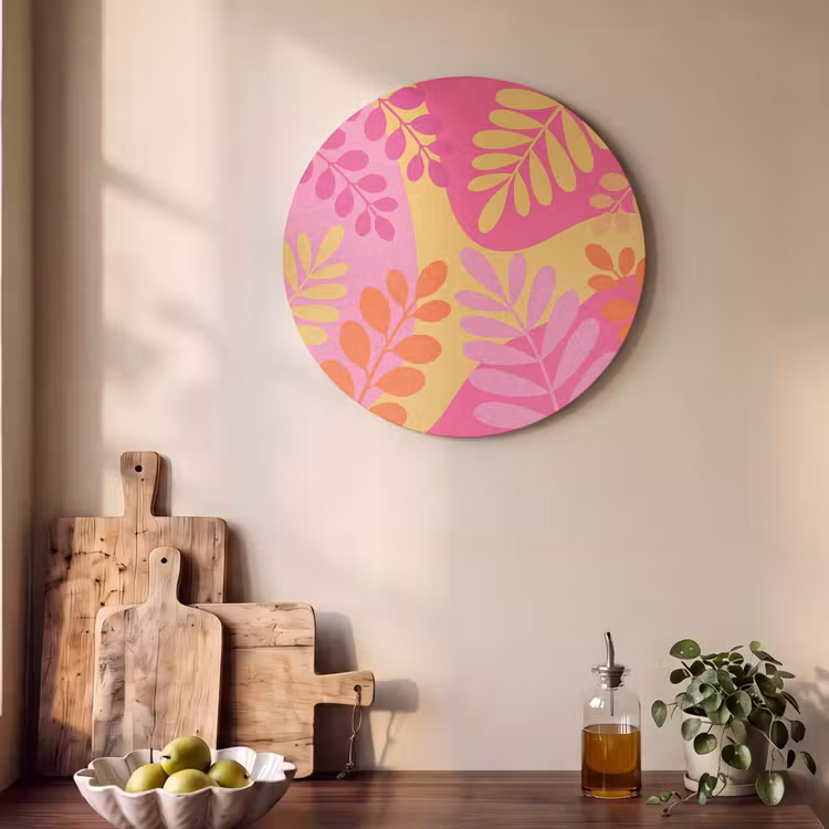 Natuur - Bladeren - Abstract - Roze - Geel Akoestische PET Vilt - Rond klein -sfeer2