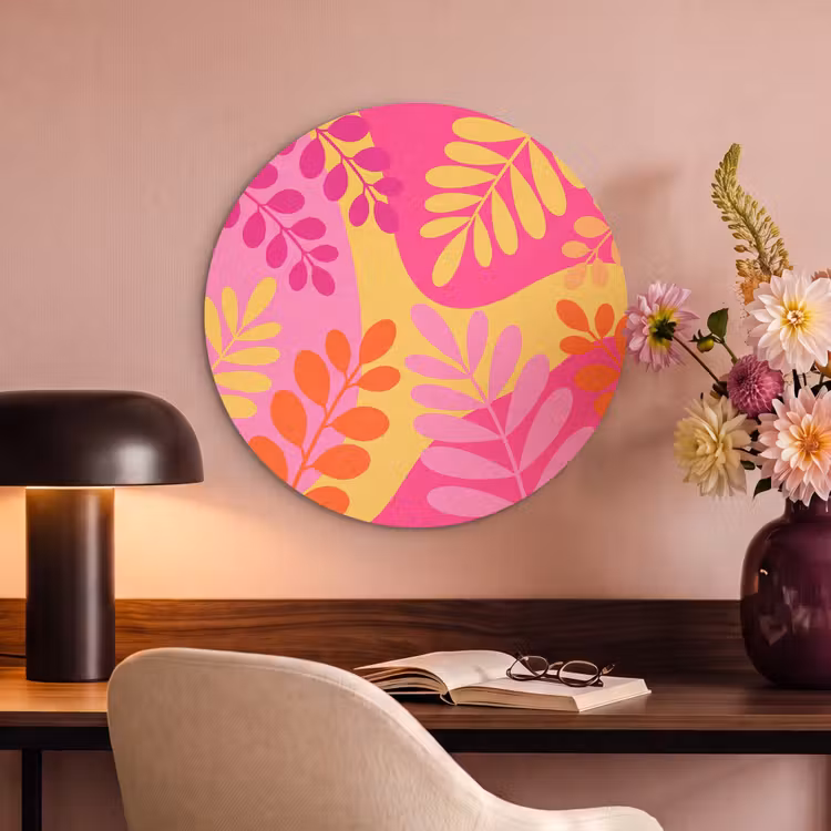 Natuur - Bladeren - Abstract - Roze - Geel Akoestische PET Vilt - Rond klein -sfeer3