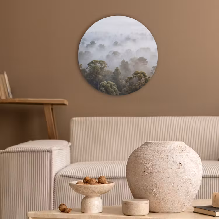 Natuur - Mist - Bos - Ochtend - Goud Akoestische PET Vilt - Rond klein -sfeer1