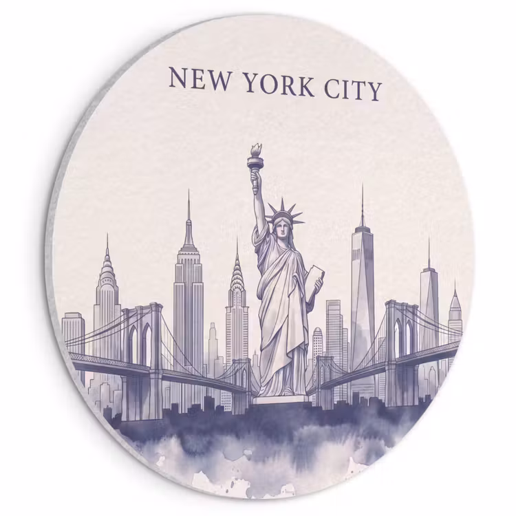 New York - Vrijheidsbeeld - Skyline - Illustratie - Blauw Akoestische PET Vilt - Rond klein -3d