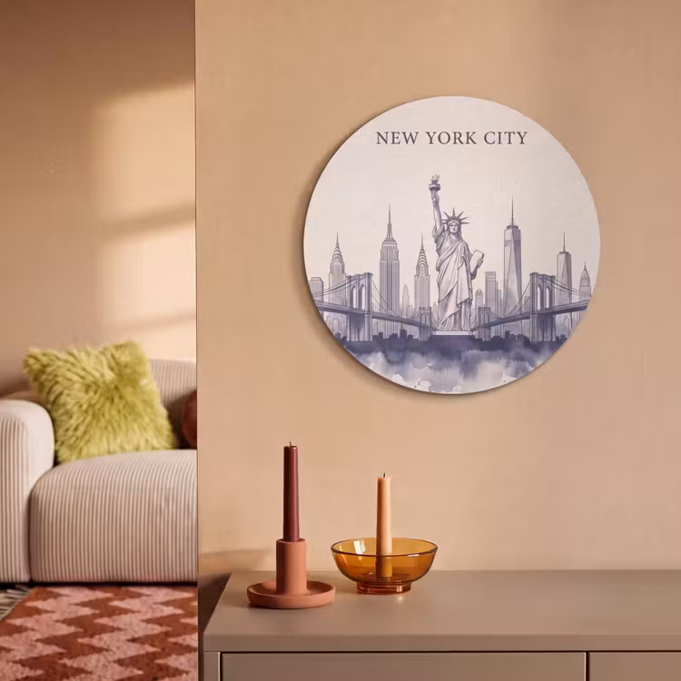 New York - Vrijheidsbeeld - Skyline - Illustratie - Blauw Akoestische PET Vilt - Rond klein -sfeer1
