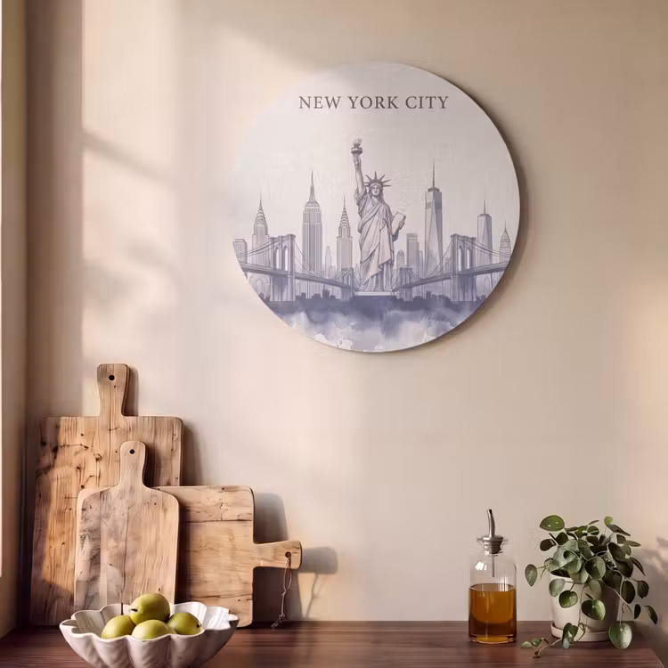 New York - Vrijheidsbeeld - Skyline - Illustratie - Blauw Akoestische PET Vilt - Rond klein -sfeer2