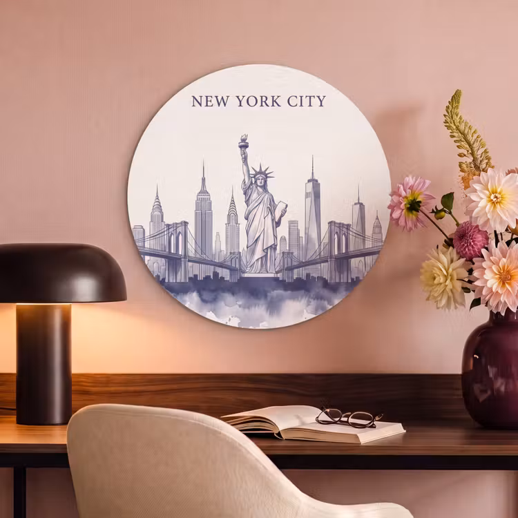 New York - Vrijheidsbeeld - Skyline - Illustratie - Blauw Akoestische PET Vilt - Rond klein -sfeer3