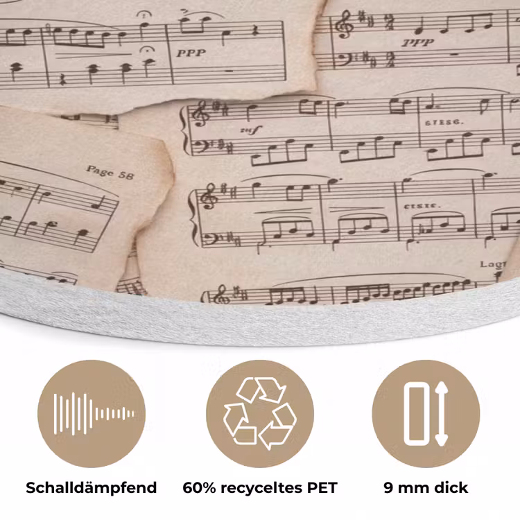 Bladmuziek - Oud - Noten - Vintage - Beige Akoestische PET Vilt - Rond klein -closeup_DE