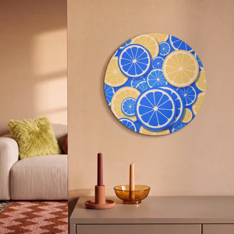 Fruit - Schijven - Patroon - Modern - Blauw - Geel Akoestische PET Vilt - Rond klein -sfeer1