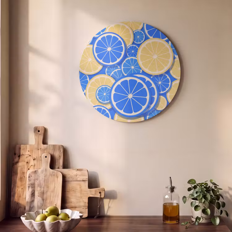 Fruit - Schijven - Patroon - Modern - Blauw - Geel Akoestische PET Vilt - Rond klein -sfeer2