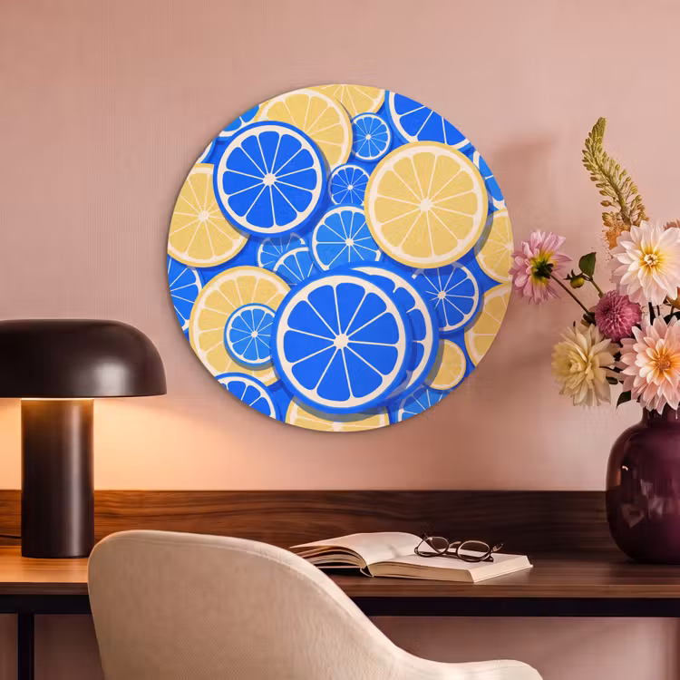 Fruit - Schijven - Patroon - Modern - Blauw - Geel Akoestische PET Vilt - Rond klein -sfeer3