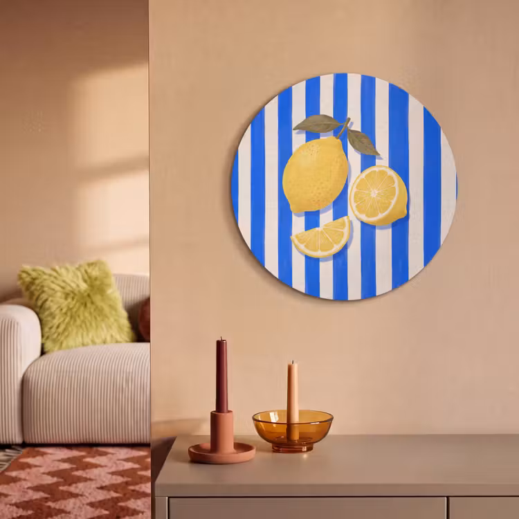 Fruit - Citroen - Zomer - Geel - Blauw Akoestische PET Vilt - Rond klein -sfeer1