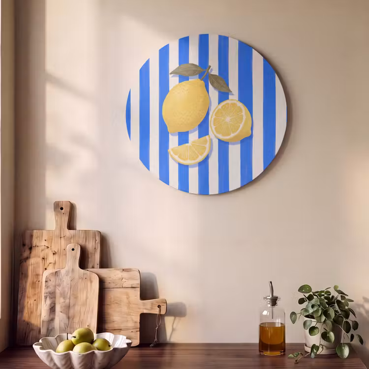 Fruit - Citroen - Zomer - Geel - Blauw Akoestische PET Vilt - Rond klein -sfeer2