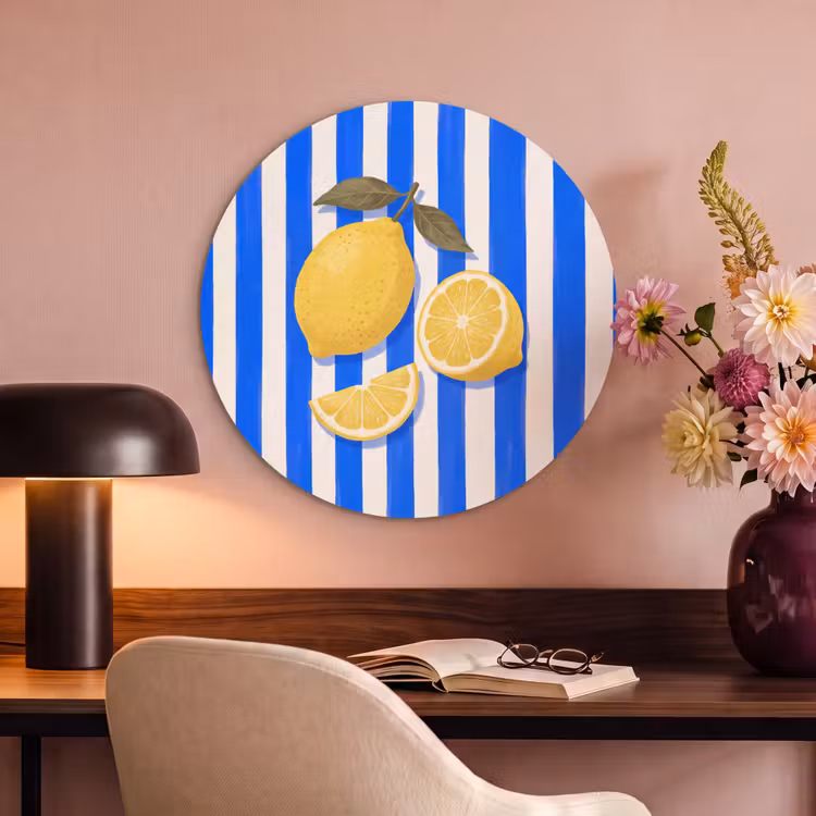 Fruit - Citroen - Zomer - Geel - Blauw Akoestische PET Vilt - Rond klein -sfeer3