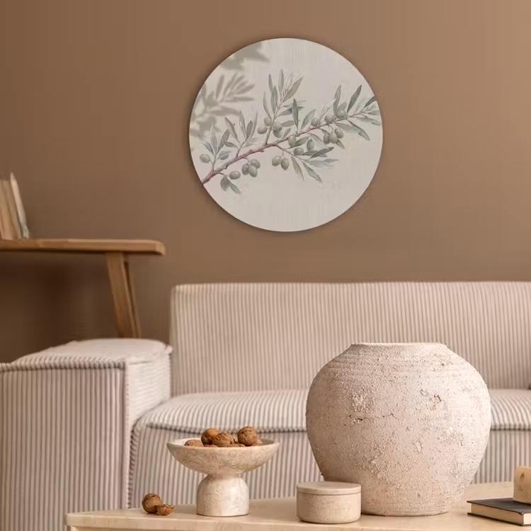 Olijftak - Bladeren - Natuur - Groen - Beige Akoestische PET Vilt - Rond klein -sfeer1