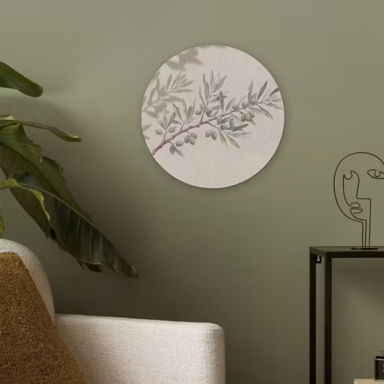 Olijftak - Bladeren - Natuur - Groen - Beige Akoestische PET Vilt - Rond klein -sfeer2