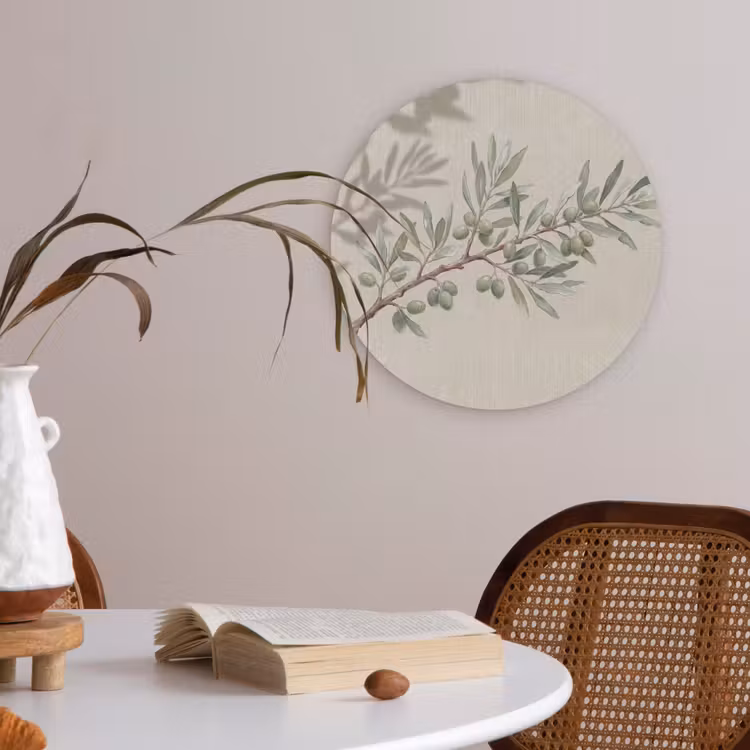 Olijftak - Bladeren - Natuur - Groen - Beige Akoestische PET Vilt - Rond klein -sfeer3