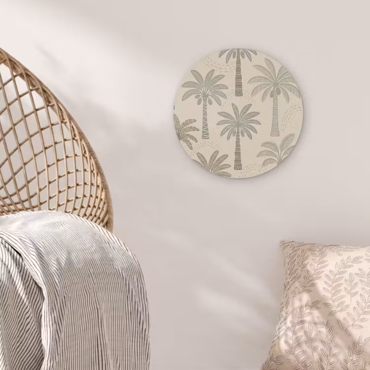 Palmbomen - Patroon - Tropisch - Beige Akoestische PET Vilt - Rond klein -sfeer4