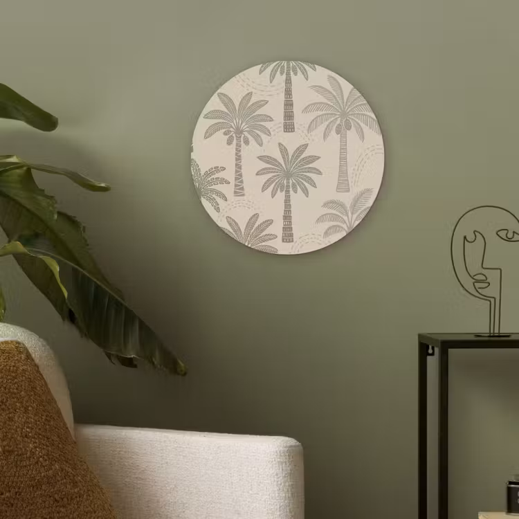 Palmbomen - Patroon - Tropisch - Beige Akoestische PET Vilt - Rond klein -sfeer2