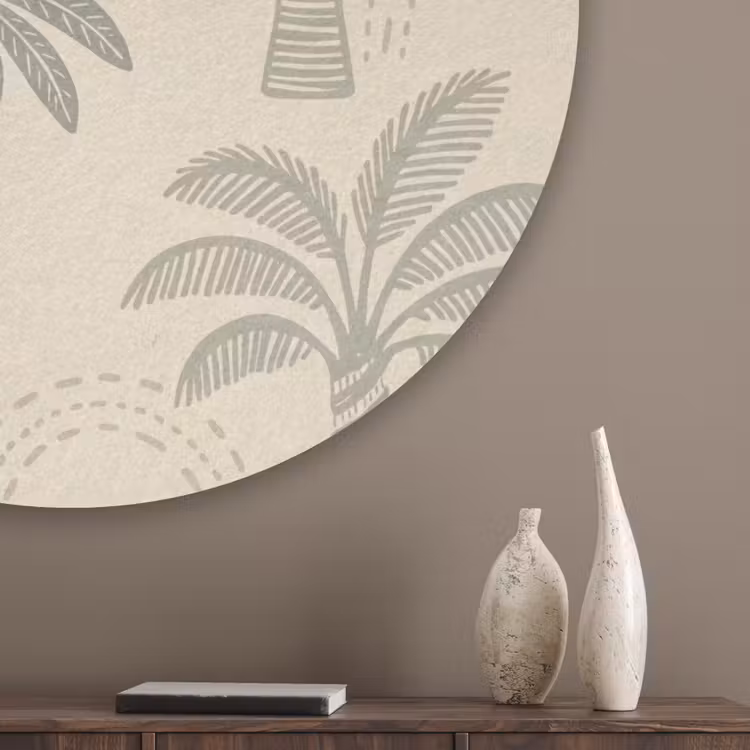 Palmbomen - Patroon - Tropisch - Beige Akoestische PET Vilt - Rond klein -sfeer5_closeup