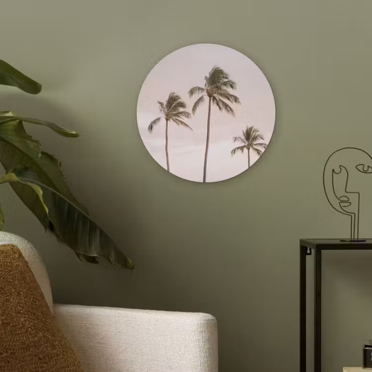 Palmbomen - Zonsondergang - Roze Akoestische PET Vilt - Rond klein -sfeer2