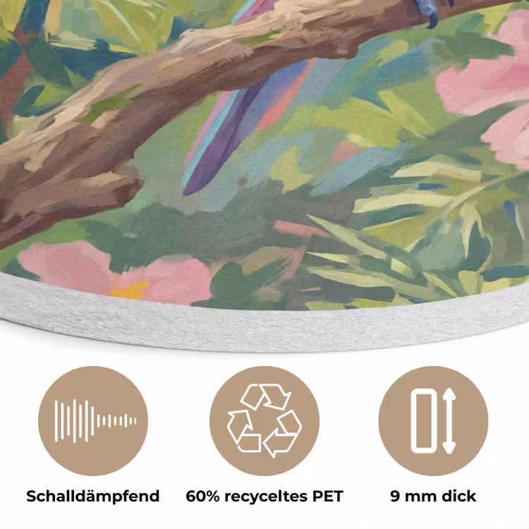 Papagaai - Hibiscusbloemen - Kleurrijk Akoestische PET Vilt - Rond klein -closeup_DE