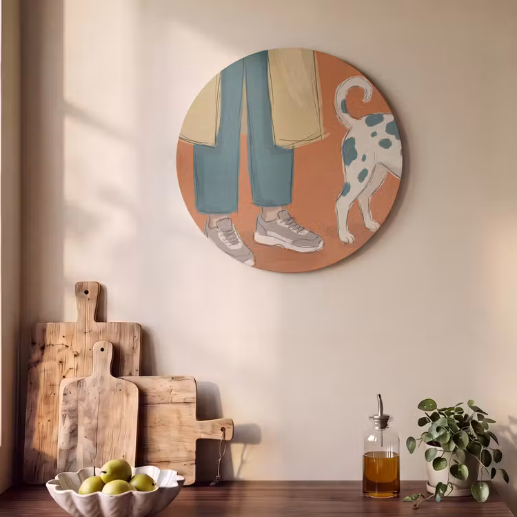 Persoon - Hond - Dieren - Illustratie - Modern Akoestische PET Vilt - Rond klein -sfeer2