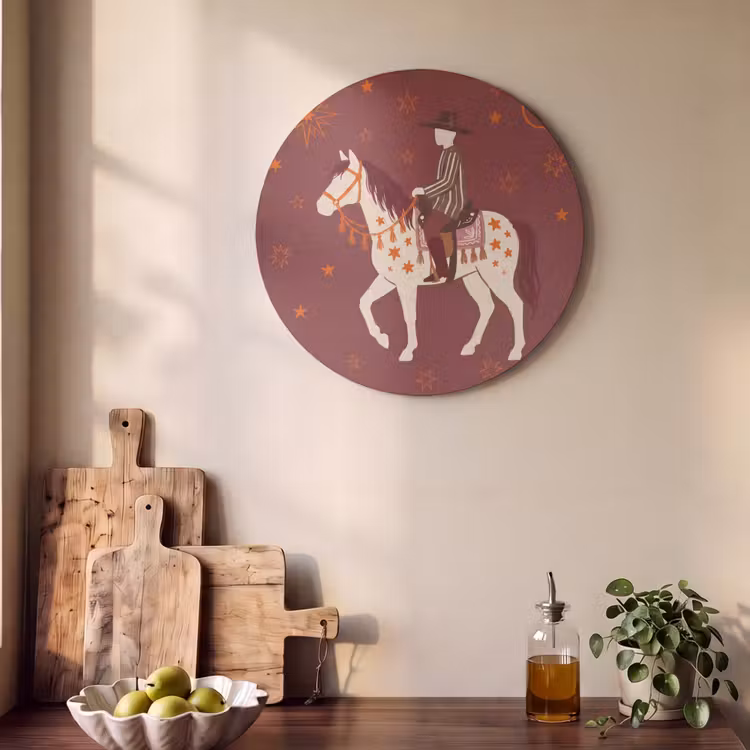 Paard - Ruiter - Sterren - Nacht - Illustratie Akoestische PET Vilt - Rond klein -sfeer2