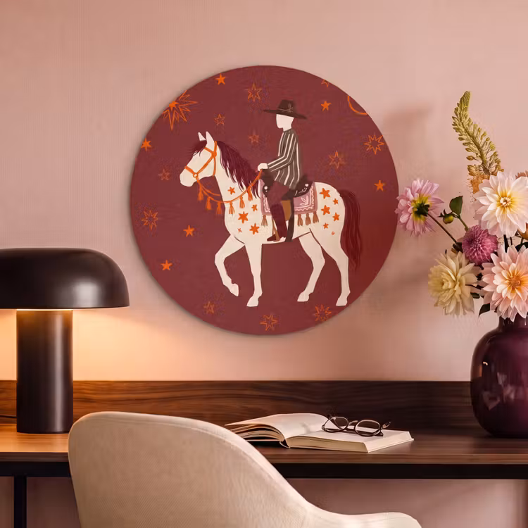 Paard - Ruiter - Sterren - Nacht - Illustratie Akoestische PET Vilt - Rond klein -sfeer3