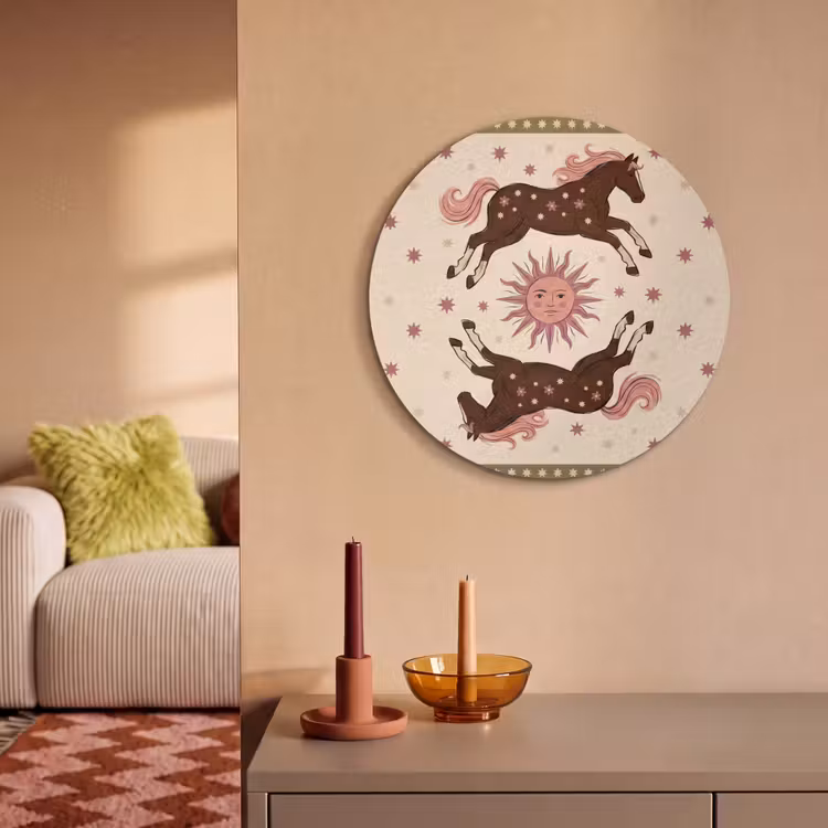 Paard - Zon - Mystiek - Illustratie - Roze Akoestische PET Vilt - Rond klein -sfeer1