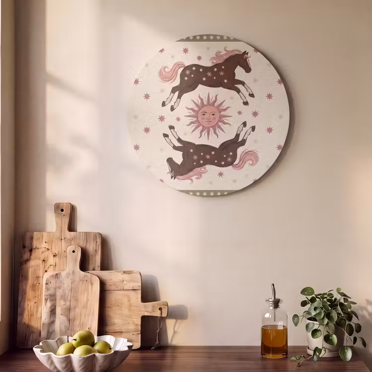 Paard - Zon - Mystiek - Illustratie - Roze Akoestische PET Vilt - Rond klein -sfeer2