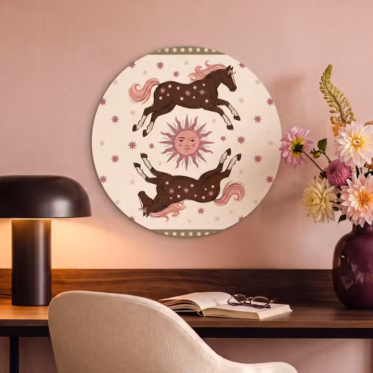 Paard - Zon - Mystiek - Illustratie - Roze Akoestische PET Vilt - Rond klein -sfeer3