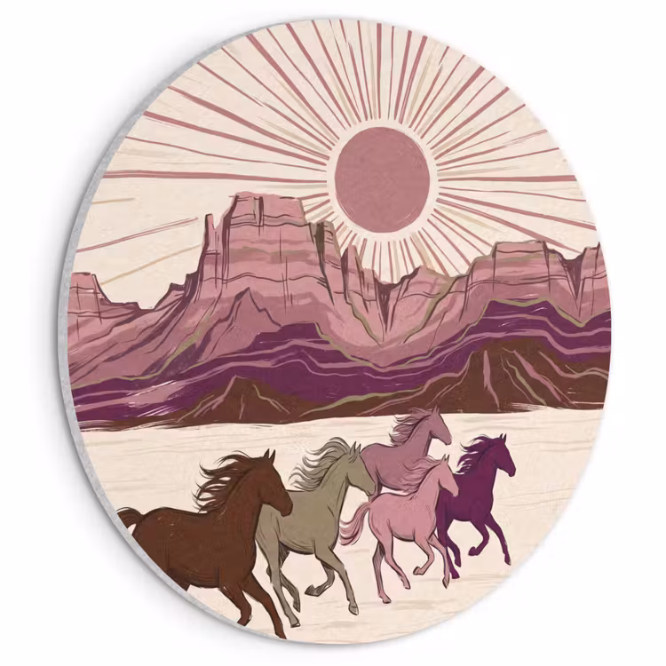 Paarden - Rennend - Woestijn - Natuur - Abstract Akoestische PET Vilt - Rond klein -3d