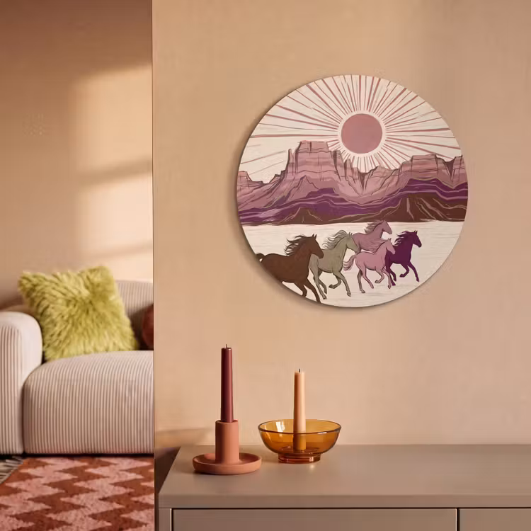 Paarden - Rennend - Woestijn - Natuur - Abstract Akoestische PET Vilt - Rond klein -sfeer1