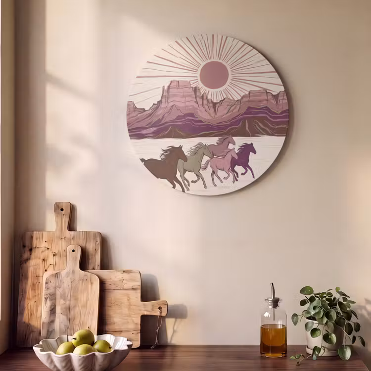 Paarden - Rennend - Woestijn - Natuur - Abstract Akoestische PET Vilt - Rond klein -sfeer2