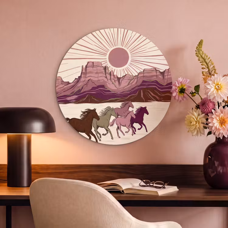 Paarden - Rennend - Woestijn - Natuur - Abstract Akoestische PET Vilt - Rond klein -sfeer3