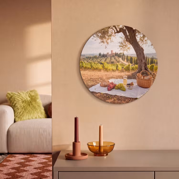 Picknick - Wijngaard - Landschap - Zomer - Eten Akoestische PET Vilt - Rond klein -sfeer1