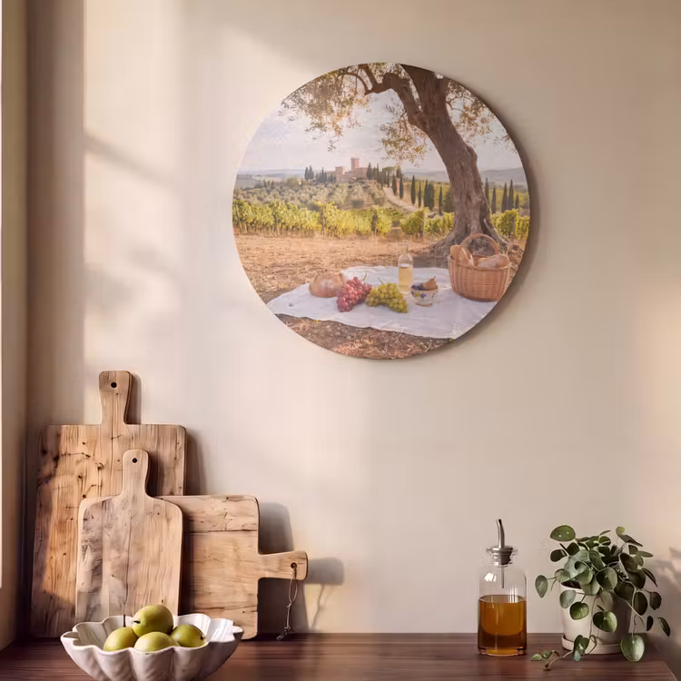 Picknick - Wijngaard - Landschap - Zomer - Eten Akoestische PET Vilt - Rond klein -sfeer2