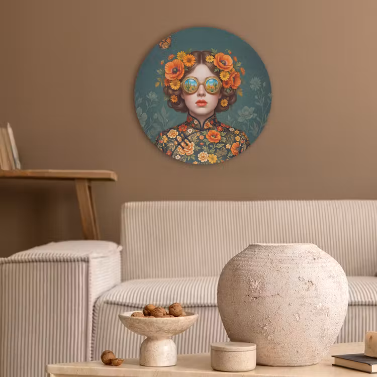Portret - Vrouw - Kleurrijk - Expressief Akoestische PET Vilt - Rond klein -sfeer1