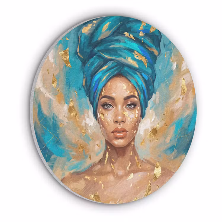 Portret - Vrouw - Schilderij - Blauw - Goud - Expressief Akoestische PET Vilt - Rond klein -3d