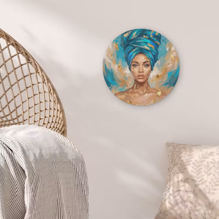 Portret - Vrouw - Schilderij - Blauw - Goud - Expressief Akoestische PET Vilt - Rond klein -sfeer4