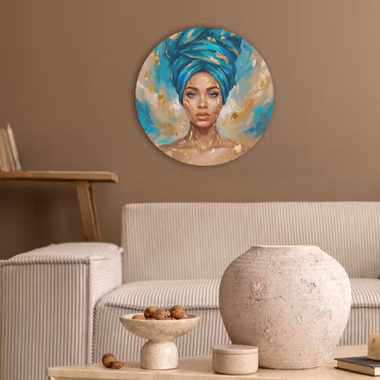 Portret - Vrouw - Schilderij - Blauw - Goud - Expressief Akoestische PET Vilt - Rond klein -sfeer1
