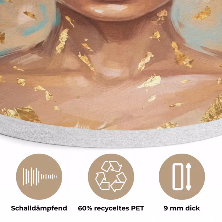 Portret - Vrouw - Schilderij - Blauw - Goud - Expressief Akoestische PET Vilt - Rond klein -closeup_DE