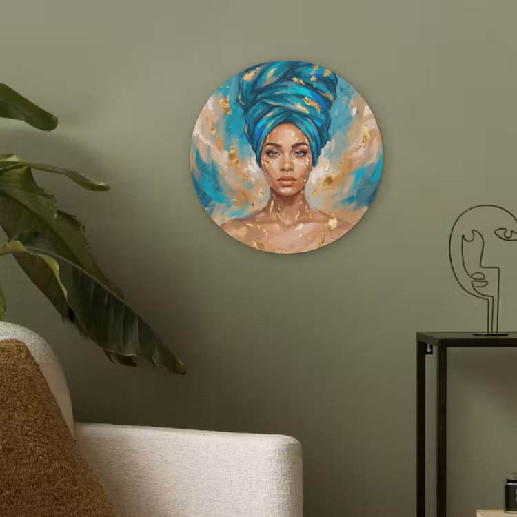 Portret - Vrouw - Schilderij - Blauw - Goud - Expressief Akoestische PET Vilt - Rond klein -sfeer2