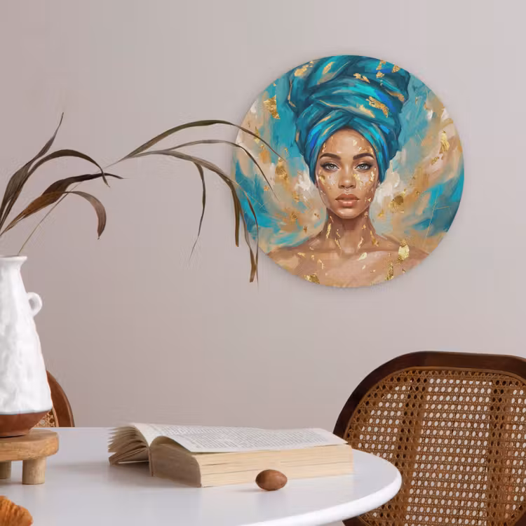 Portret - Vrouw - Schilderij - Blauw - Goud - Expressief Akoestische PET Vilt - Rond klein -sfeer3