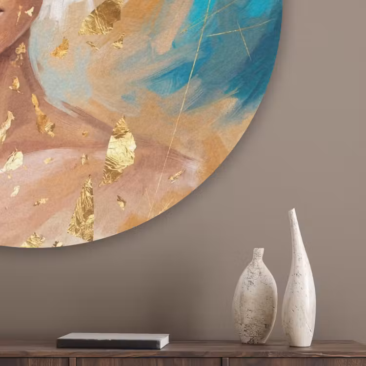 Portret - Vrouw - Schilderij - Blauw - Goud - Expressief Akoestische PET Vilt - Rond klein -sfeer5_closeup