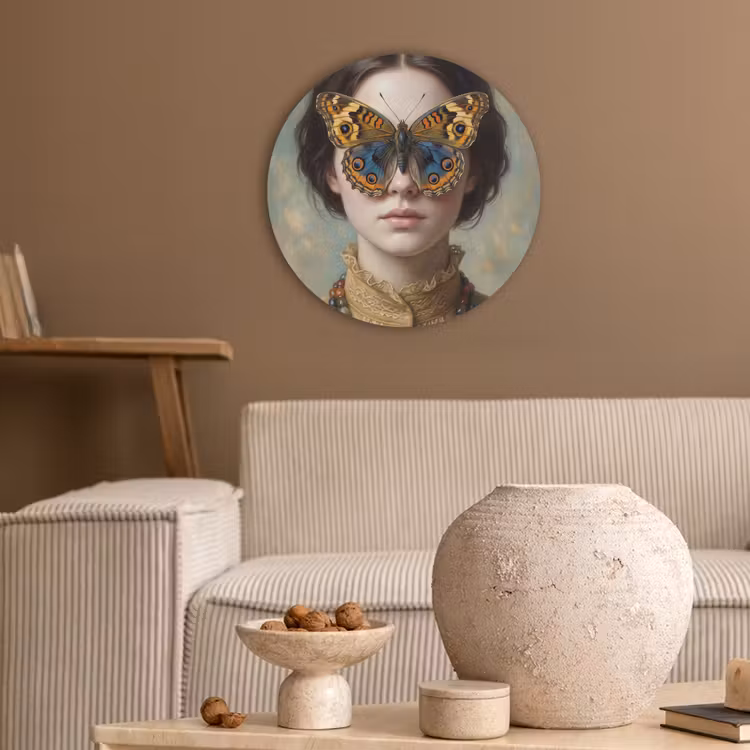 Portret - Vlinder - Kleurrijk Akoestische PET Vilt - Rond klein -sfeer1