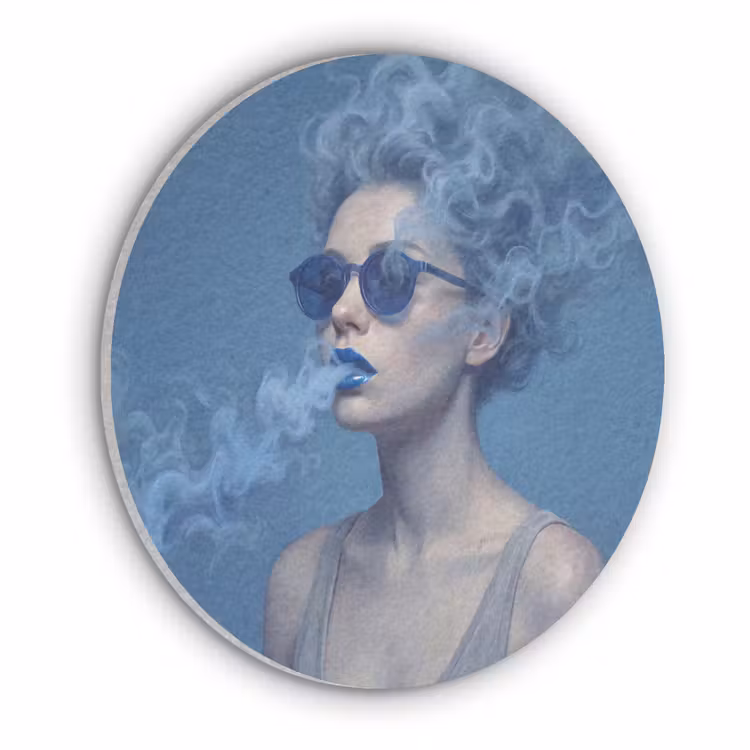 Portret - Zonnebril - Rook - Abstract - Blauw Akoestische PET Vilt - Rond klein -3d