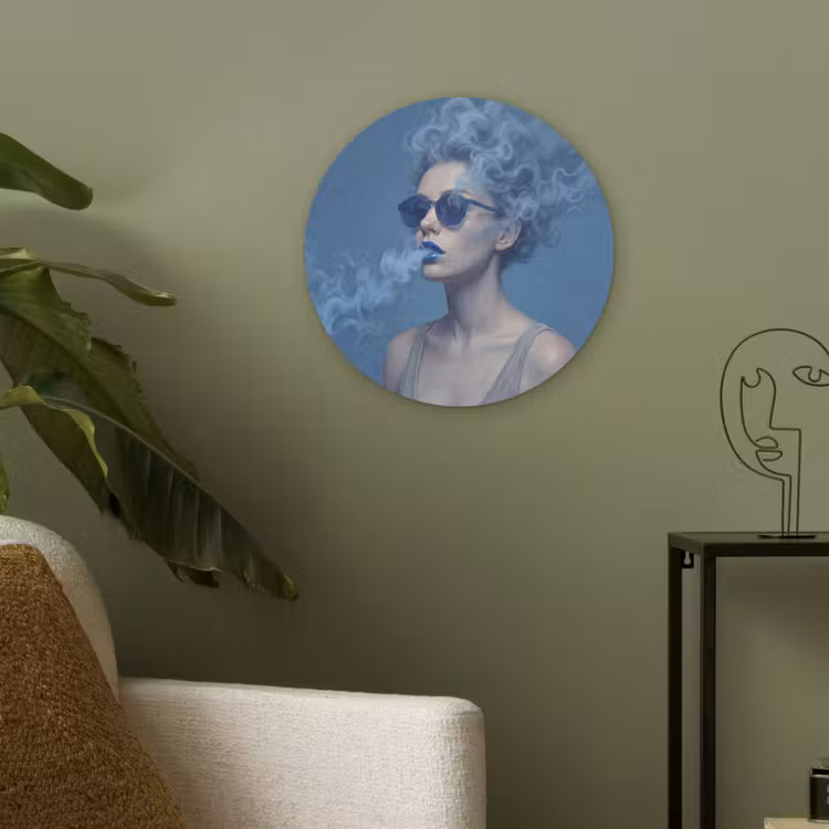 Portret - Zonnebril - Rook - Abstract - Blauw Akoestische PET Vilt - Rond klein -sfeer2
