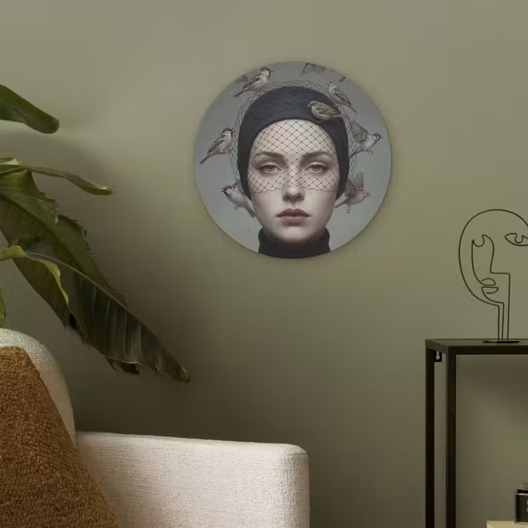 Portret - Vogels - Zwart Akoestische PET Vilt - Rond klein -sfeer2