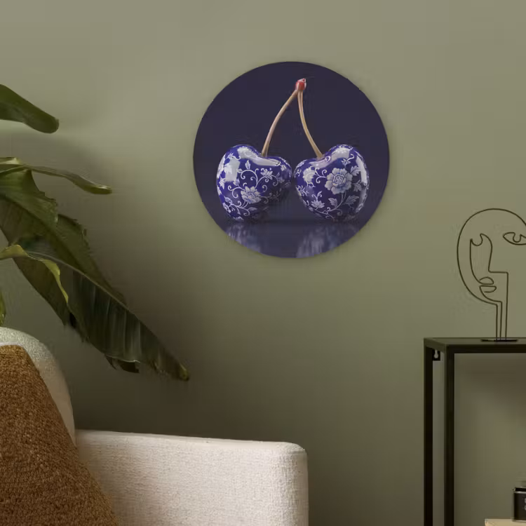 Porselein- Kersen - Delfts - Blauw Akoestische PET Vilt - Rond klein -sfeer2