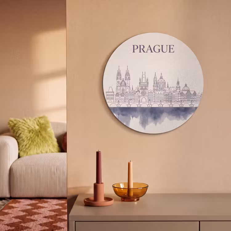 Praag - Skyline - Architectuur - Blauw Akoestische PET Vilt - Rond klein -sfeer1